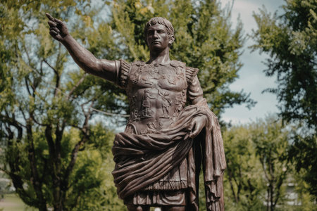 a statue of a man with his arm outstretched in a park with trees