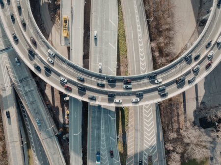 an aerial view of a complex highway interchange with multiple levels and lanes, showing a large number of cars and vehicles traveling in different directions, with some lanes appearing to be under construction or closed
