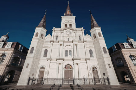a large white cathedral with two towers and a clock tower in the middle, set against a blue sky