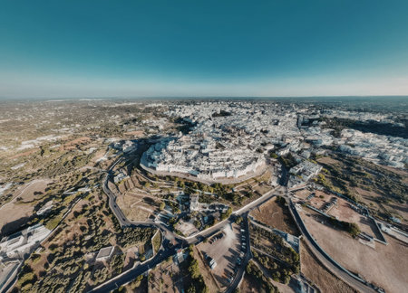 aerial view of a white city on a hill with a blue sky and green trees in the background, with roads and buildings visible