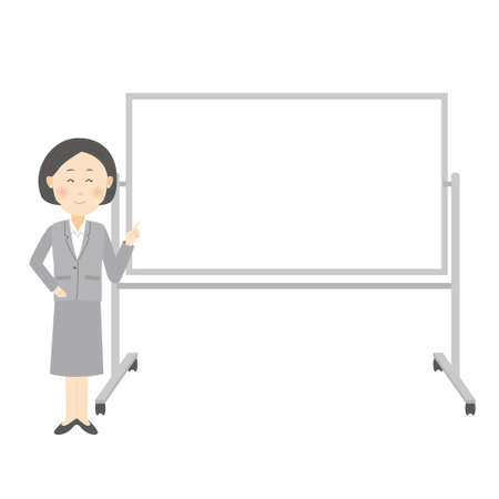 A woman standing in front of a whiteboard with a smileのイラスト素材