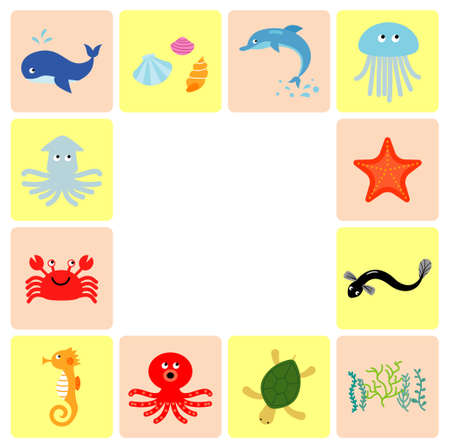 An illustration set of various sea creatures such as whales, octopuses, and octopuses.のイラスト素材