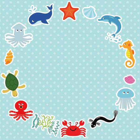 An illustration set of various sea creatures such as whales, octopuses, and octopuses.のイラスト素材
