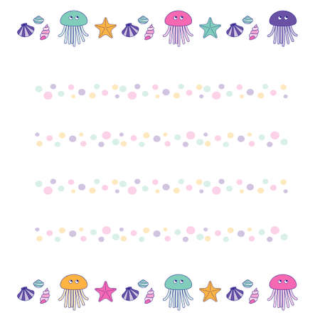 Illustration stationery of various sea creatures such as seashells, jellyfish, and starfishのイラスト素材