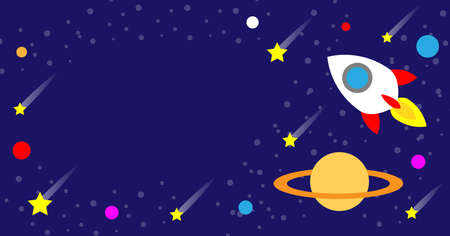 Space illustration of Saturn with white rocket