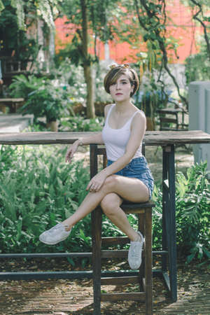 Portrait woman in gardenの写真素材