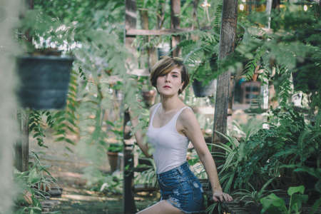 Portrait woman in gardenの写真素材