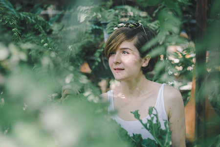 Portrait woman in gardenの写真素材