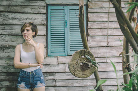 Portrait woman in gardenの写真素材