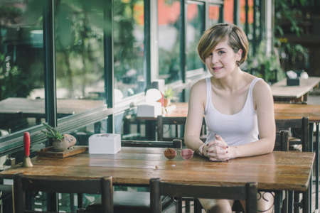 Portrait woman in gardenの写真素材