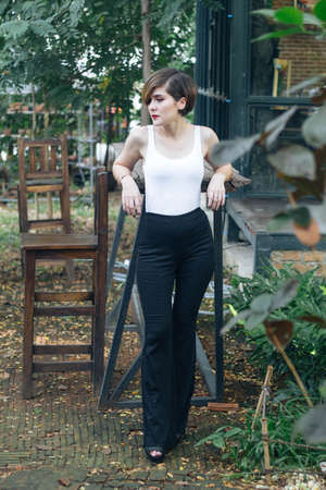 Portrait woman in gardenの写真素材