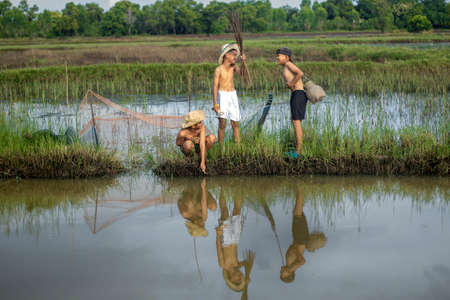 three boy play in natureの写真素材
