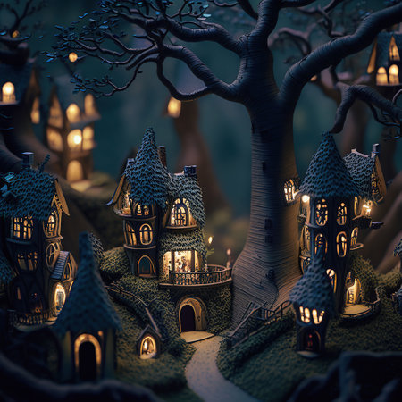 Among the Trees, Living in the Enchanted Forest Village, Illustration, generative aiの素材