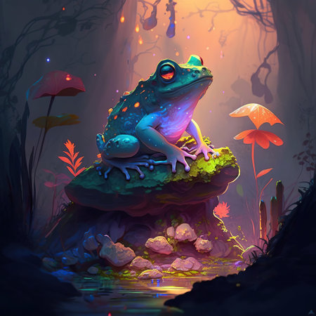 A Fairy Tale Adventure. Frogs, Fireflies, and Exotic Creatures in a Mystical Forest, generative aiの素材