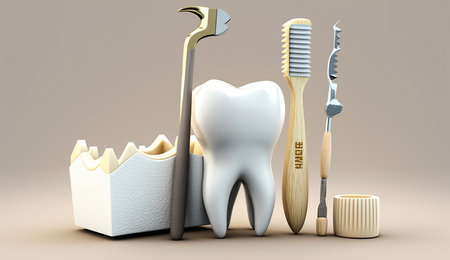 White healthy tooth, different tools for dental care, Generative Aiの素材
