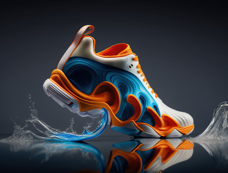 Futuristic tennis shoe concept, orange and blue, liquid form, Generative Aiの素材