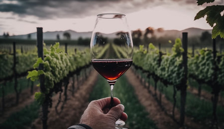 The man's hand is holding a glass of red wine in the wine field. Wine tasting outdoors wine restaurant tour tour. Wine production and the concept of winemaking, Generative Aiの素材