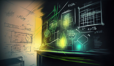 A realistic abstract sketch of a data science project with numbers and visualizations, vivid contrast colors, Generative Aiの素材