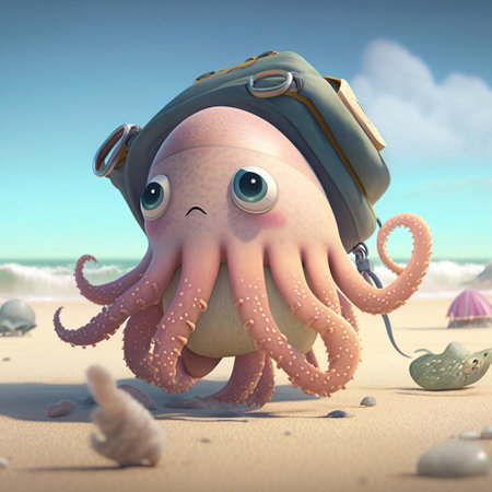 3D, Cartoon feature, An octopus walking across the beach wearing shellfish, generative Aiの素材