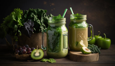 Glass jar mugs with green health smoothie, kale leaves, lime, apple, kiwi, grapes, banana, avocado, lettuce , Generative Aiの素材