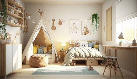 Natural, bright kid's bedroom interior with wooden furniture, designer accessories and posters on a white wall, Generative Aiの素材
