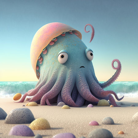 3D, Cartoon feature, An octopus walking across the beach wearing shellfish, generative Aiの素材