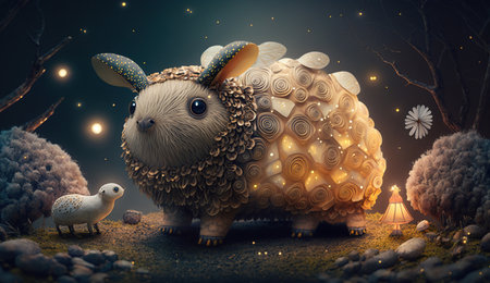 Fairy tales, A whimsical, dreamy image of a cute animal surrounded such as magical creatures and enchanted landscapes, Generative Aiの素材