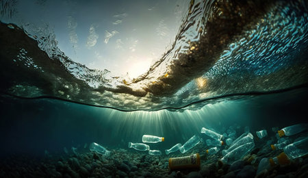 Garbage plastic bottles in the ocean, with rays of sunlight effect, concept of environmental pollution, Generative Aiの素材