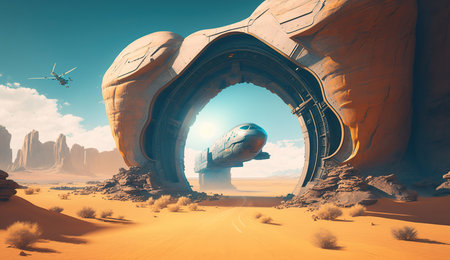 Fantastic Sci-fi landscape of a spaceship on a sunny day, flying over a desert with amazing arch-shaped rock formations - Illustration 3d, Generative Aiの素材