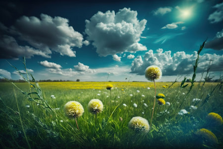 Beautiful meadow field with fresh grass and yellow dandelion flowers in nature against a blurry blue sky with clouds. Generative AIの素材