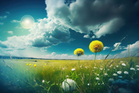 Beautiful meadow field with fresh grass and yellow dandelion flowers in nature against a blurry blue sky with clouds. Generative AIの素材