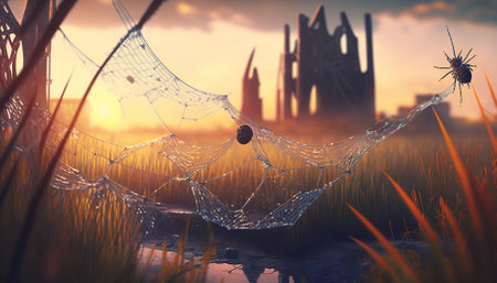 The tall grass is full of cobwebs with dew drops and the sky has beautiful colors and clouds. Generative AIの素材