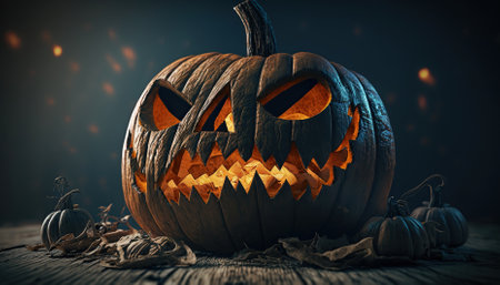 Halloween pumpkin background with fresh fall pumpkins on burning lantern. Generative AIの素材