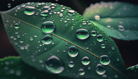 beautiful drops of transparent rain water on a green leaf macro. Generative AIの素材