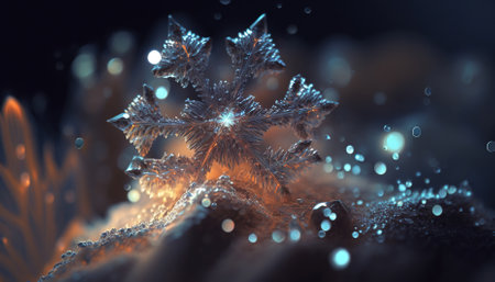 Christmas snowflakes in snow for congratulation cards and design. Generative AIの素材