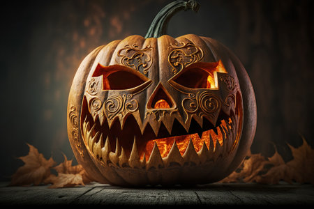 Halloween pumpkin background with fresh fall pumpkins on burning lantern. Generative AIの素材