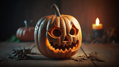 Halloween pumpkin head jack lantern on wooden background. Generative AIの素材