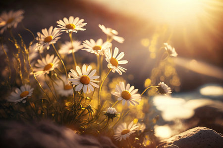 Beautiful nature scene with blooming chamomiles in sun flares. Generative AIの素材
