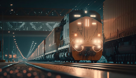 Large cargo train with goods leaving the terminal at night . Generative AIの素材