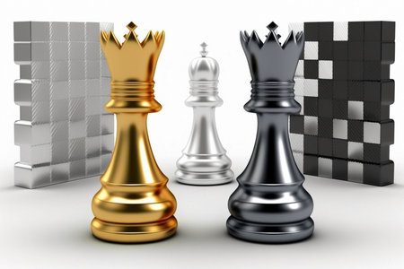 Chess leadership concept with gold and silver chess isolated in white background, 3d rendering. Generative AIの素材