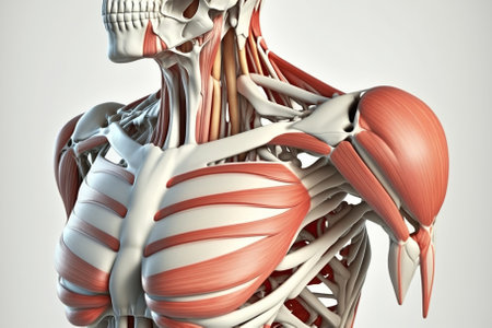 Human anatomy detail of shoulder. Muscle, bone structure, arteries. Generative AIの素材