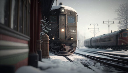 train stop at railway station in a heavy snow day. Generative AIの素材