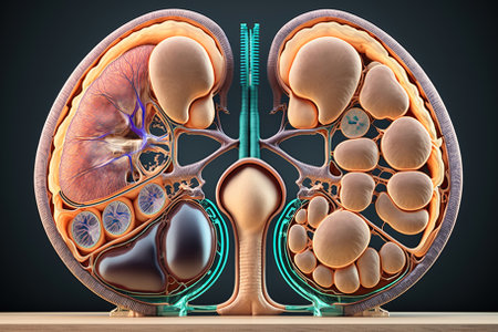 Human kidney cross section on scientific background. Generative AIの素材