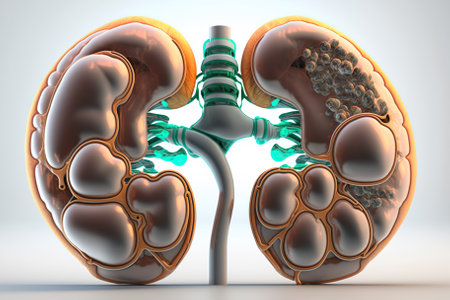 Human kidney cross section on scientific background. Generative AIの素材