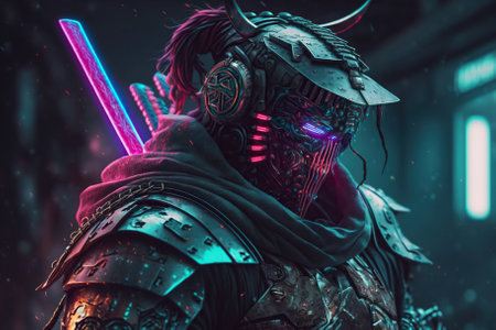 samurai in cyberpunk style with neon color on the back city. Generative AIの素材
