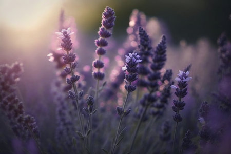 Selective focus on lavender flower in flower garden, lavender flowers lit by sunlight. Generative AIの素材