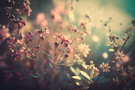 vintage background little flowers, nature beautiful, toning design spring nature, sun plants. Generative AIの素材
