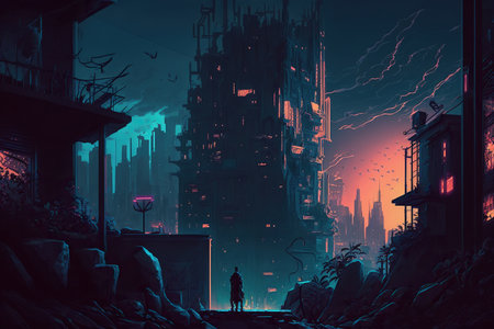 Cyberpunk city in retro futuristic style. Huge futuristic buildings with neon lights. Generative AIの素材