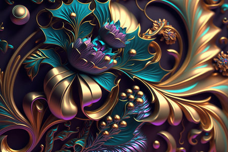 Abstract Flowers, gold and iridescent color combination. Generative AIの素材