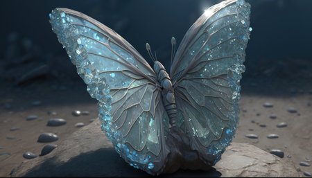 large stunningly beautiful fairy wings Fantasy crystal glass glitter butterfly sits on a light blue stone. Generative AIの素材